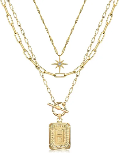 Vista 20 de MJartoria Collares con iniciales en capas para mujer, modernos, chapados en oro de 14 quilates, cadena de papel, collar sencillo con dije de Dorado
