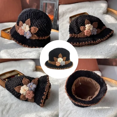 Vista 6 de Lady French Thicken - Gorro de lana de punto con flores para mujer, con flores