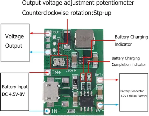 Vista 3 de Módulo de cargador de batería USB TP4056 3.7V 4.2V a 9V 5V 2A carga descarga integrado módulo elevador, módulo de cargador de batería de iones