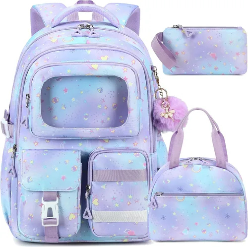 Vista 12 de AO ALI VICTORY - Mochila para niñas con lonchera, mochilas escolares para niños y niñas de escuela primaria y secundaria, lindo juego de mochilas