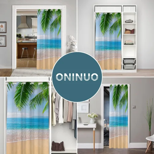 Vista 5 de Cortinas opacas para puerta de playa oceánica para puertas, cortinas opacas hawaianas de verano con palmeras para armario de dormitorio de niños