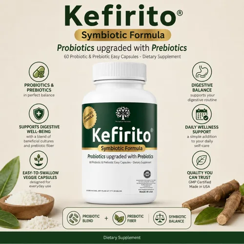 Vista 6 de Kefirito Daily Symbiotic Formula – Suplemento diario probiótico + prebiótico, 60 cápsulas – Absorción equilibrada de nutrientes y apoyo de comodidad