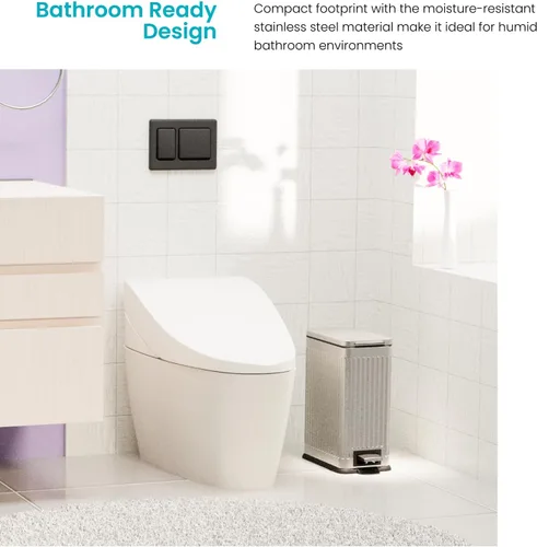 Vista 2 de Home Zone Living - Cubo de basura pequeño de 3 galones con tapa y pedal para pisar, de acero inoxidable con diseño estriado delgado para el hogar