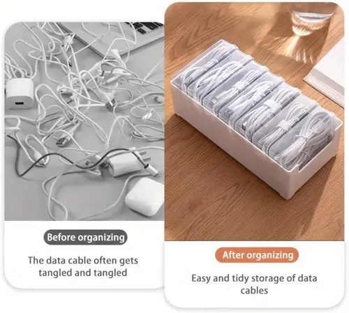 Vista 4 de Caja de almacenamiento organizadora de cables con 7 bridas de cables, caja de gestión de cables de escritorio con interruptor, organizador de cables