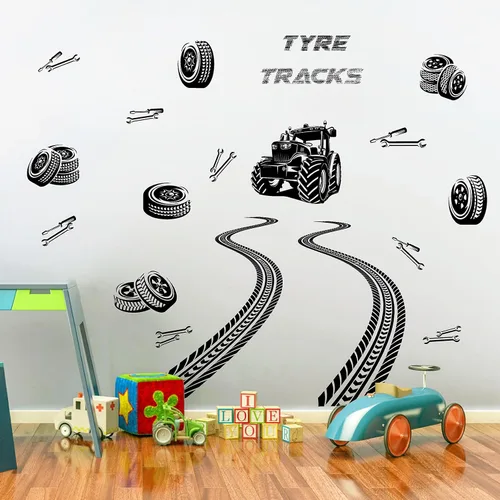 Vista 2 de Calcomanías de pared para pista de neumáticos, calcomanías de pared de tractor, calcomanías de pared para vehículos, camiones, calcomanías de banda