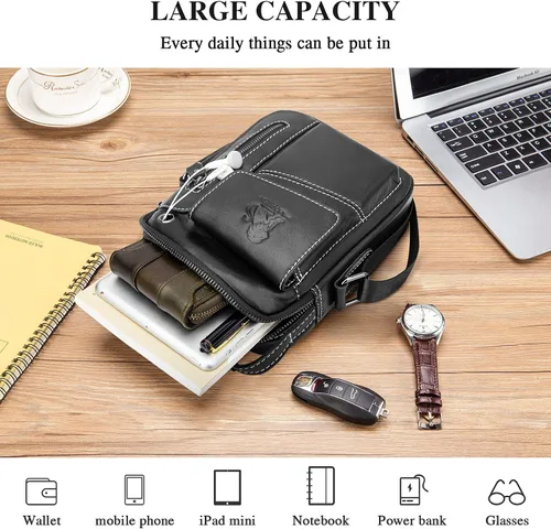 Vista 5 de BAIGIO Bolso bandolera de cuero pequeño para hombre, bolso bandolera para viajes, negocios, trabajo