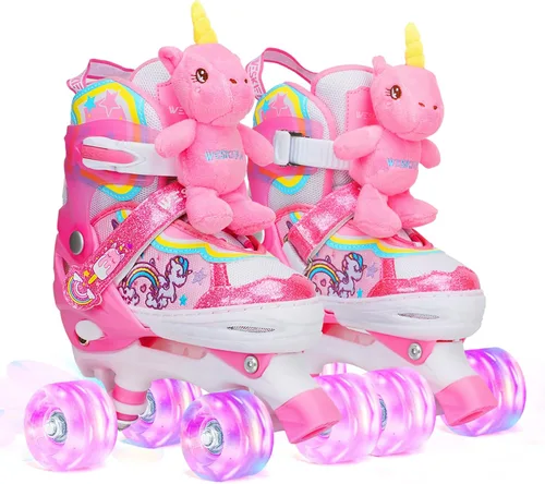 Vista 14 de Dino - Patines de ruedas para niños y niñas, WESKIFAN Dinosaur Quad Skating Shoes con ruedas brillantes y tamaños ajustables para principiantes
