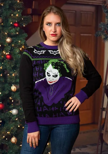 Vista 4 de Fun Costumes Batman The Dark Knight Joker Ugly Christmas Sweater for Adults, Superhero Villain Pullover Sweatshirt