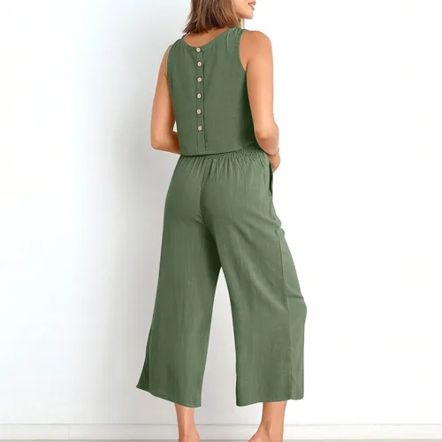 Vista 2 de Conjunto de 2 piezas de algodón y lino para mujer, camiseta corta sin mangas y pantalones cortos de pierna ancha, conjuntos casuales de algodón