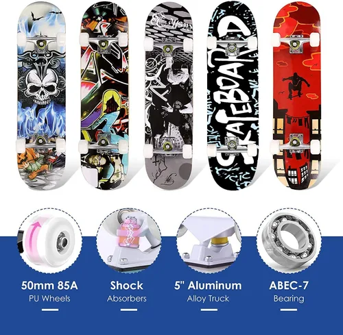 Vista 3 de Hikole Skateboard Tabla de skate completa PRO 31 x 8 in 7 capas de madera de arce canadiense, para adultos, trucos, tabla de skate