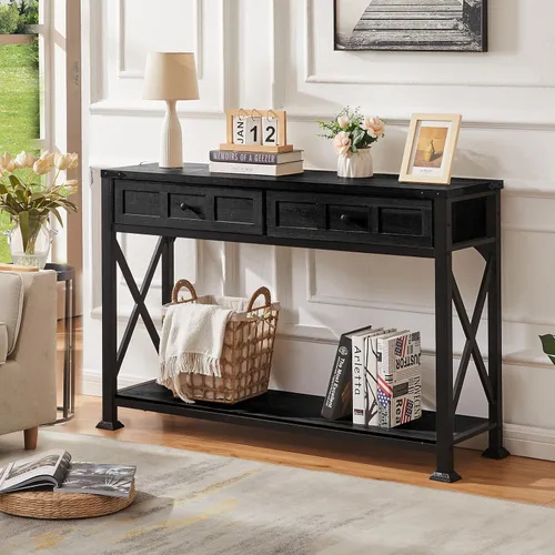 Vista 3 de HOMBAZAAR - Mesa de entrada rústica con 2 cajones, mesa de consola industrial con almacenamiento para entrada, pasillo, sala de estar, color negro