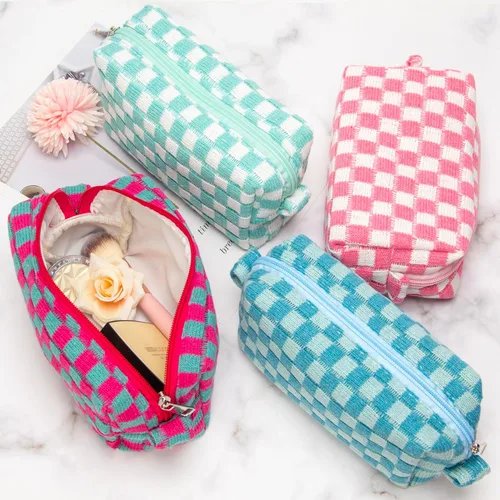 Vista 8 de PAZIMIIK Bolsa de Maquillaje a Cuadros para Bolso Portátil con Cremallera, Estuche Pequeño de Cosméticos para Accesorios de Viaje, Azul Ártico