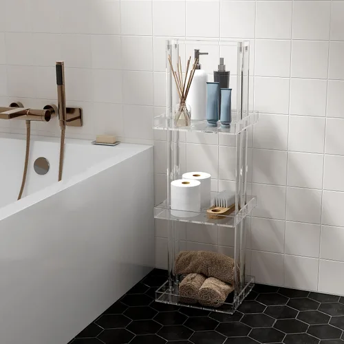 Vista 9 de Aquiver Organizador de ducha de acrílico de pie, soporte organizador de ducha de 3 niveles con asa, organizador de ducha esquinero para baño