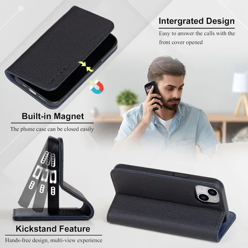 Vista 3 de VISOUL Funda tipo cartera de piel auténtica para iPhone 14, con tapa magnética, con tarjetero y función atril, compatible con iPhone 14