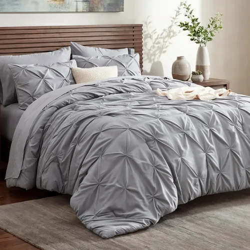 Vista 38 de Bedsure - Juego de edredón tamaño individual gris - Ropa de cama tamaño individual en una bolsa de 5 piezas, juego de cama Pintuck GentleSoft™