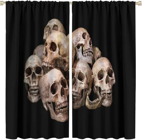 Vista 20 de Cortinas de cabeza de calavera, calavera blanca y rosas rojas con ramas y hojas negras, cortinas opacas decorativas para sala de estar, dormitorio