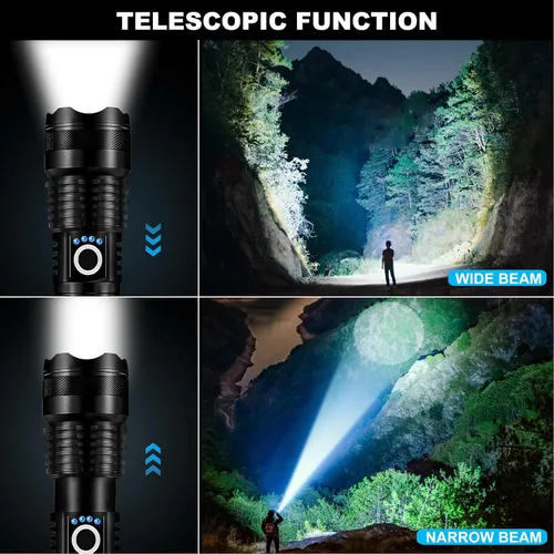 Vista 6 de Paquete de 3 linternas LED recargables de alto lumen, linterna súper brillante de 90,000LM, linterna potente ajustable de 5 modos con cable USB