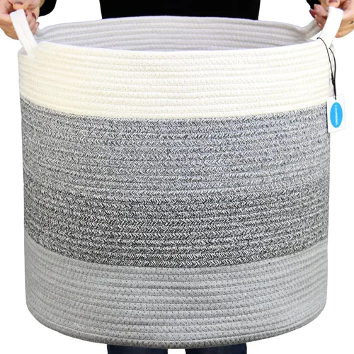 Vista 12 de Casaphoria Cesta de cuerda de algodón tejida con asa para dormitorio, cesta de almacenamiento redonda para baño, canasta grande para manta para sala