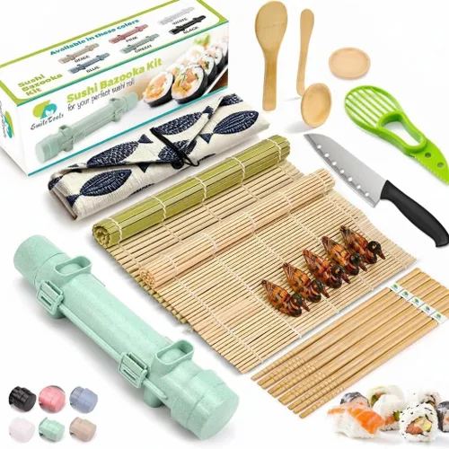 Vista 11 de Kit de fabricación de sushi SmileTools, juego de 22 piezas para principiantes con libro guía, bazuca, cuchillo, estera, cortador de aguacate