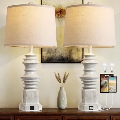 Vista 8 de QiMH - Juego de 2 lámparas de mesa para mesita de noche, lámpara de noche con dos puertos de carga USB, lámparas de mesa de decoración de granja