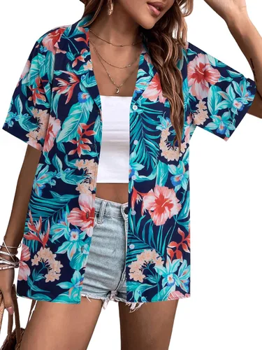 Vista 4 de Camisa hawaiana hawaiana para mujer, con hojas florales, camiseta de playa tropical, camisa con botones, camisas de vacaciones de verano