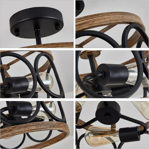 Vista 9 de MEIXISUE Lámparas de Techo de Montaje Semi-empotrado Estilo Granja Moderna, 3 Luces Acabado Negro y Madera Retro, Pantalla de Tambor Lámparas