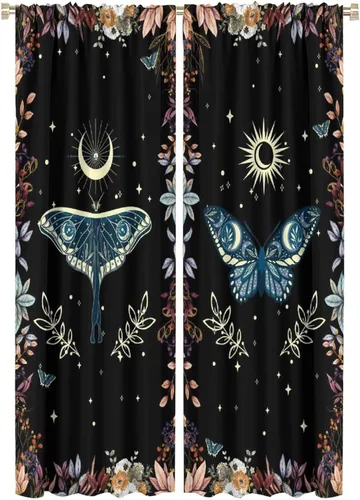 Vista 19 de Cortinas de mariposa de fantasía, polilla, sol, luna, estrella, arte floral, estampado floral, bolsillo para barra, cortinas opacas para ventana