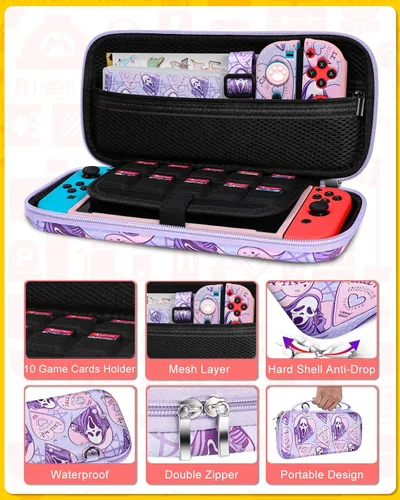 Vista 4 de Xinocy for Nintendo Switch 9 in 1 Storage Accessories Kit with Travel Carrying Case+Switch Protective Cover+Game Case Holder+Strap+Sticker+2 Joycon
