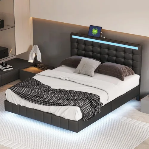 Vista 9 de Moderna cama tapizada de tamaño Queen, forro polar bereber grueso, base de colchón tapizada con cabecera copetuda y soporte de listones de madera