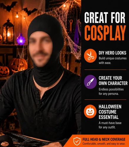Vista 2 de Aniler Máscara unisex de elastano de cara abierta para Halloween, máscara elástica para disfraz de cosplay con capucha