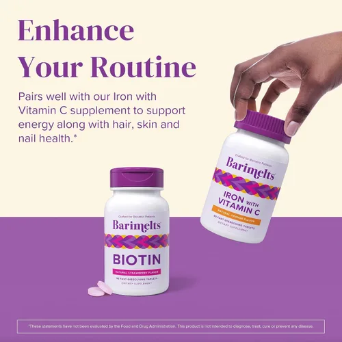 Vista 7 de Vitaminas BariMelts Biotin, sin azúcar, naturales, sabor fresa, en cápsulas masticables de absorción rápida, 90