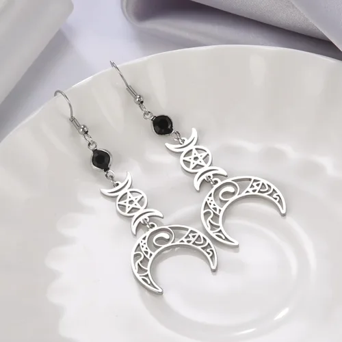 Vista 5 de TEAMER Pendientes de nudo de brujas con piedra natal negra de acero inoxidable con nudo celta gótico Wicca Pentagrama