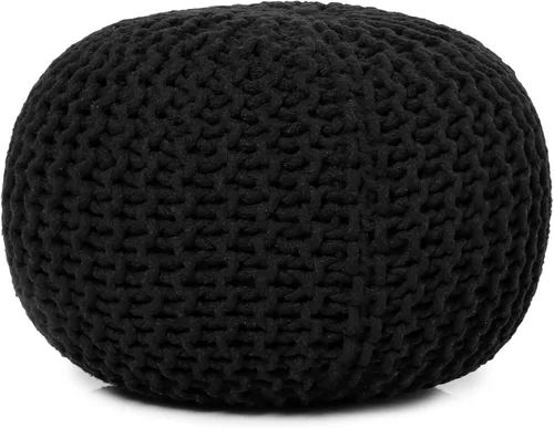 Vista 4 de REDEARTH Puf Redondo Reposapiés Otomán - Puf de Frijoles Tejido a Mano - Puf Bohemio de Cordón - Puf Reposapiés de Cable para Sala de Estar - Negro