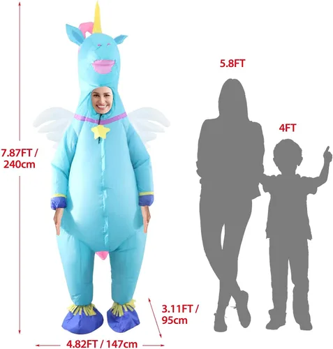 Vista 5 de Traje inflable de unicornio azul para adultos, la mejor decoración para fiestas, reuniones, celebraciones de vacaciones, Halloween y otros