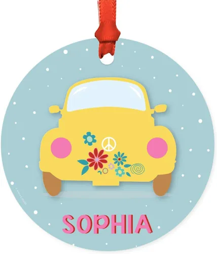 Vista 18 de Andaz Press Adorno de Navidad redondo personalizado de metal, hippie de los años 70 VW Aqua Bug, 1 paquete, decoraciones personalizadas