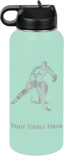 Vista 53 de LaserGram Botella de agua personalizada, jugador de hockey, acero inoxidable de doble pared aislada al vacío con popote superior, regalo grabado
