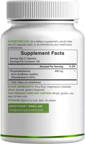 Vista 7 de Suplemento de fosfatidilserina, dosis de 400 mg, 240 cápsulas – Fuente de lecitina de girasol sin soja