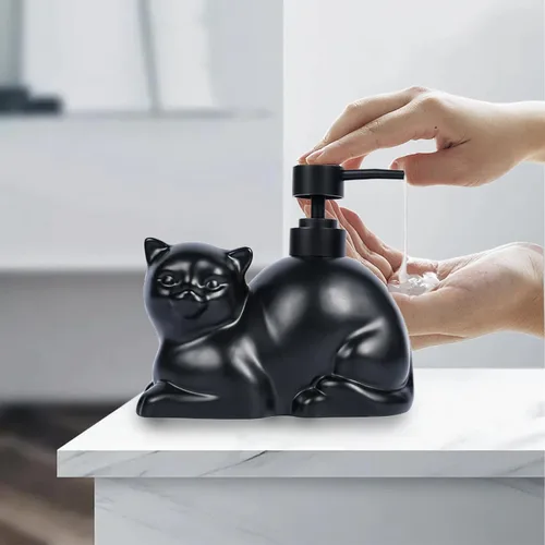 Vista 6 de Dispensador de jabón con forma de gato negro, dispensador de jabón de cerámica divertido, aceite esencial recargable de 15 onzas, dispensador
