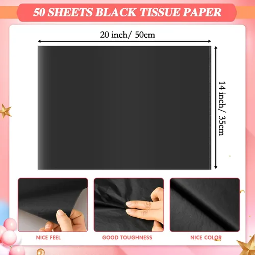 Vista 2 de 50 hojas de papel de seda negro para bolsas de regalo, papel de seda negro a granel para bodas, cumpleaños, proyectos de bricolaje, Halloween