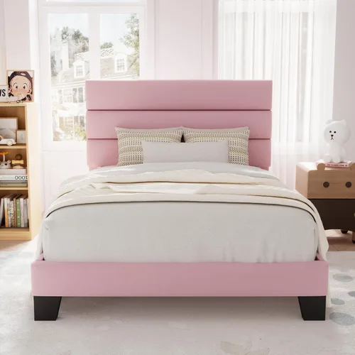 Vista 35 de Allewie Base de cama de plataforma de tamaño individual con cabecera tapizada de tela y soporte de listones de madera, base de colchón totalmente