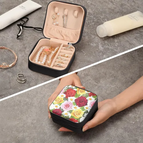 Vista 8 de Kigai Rose Daisy Travel Jewelry Box Organizer for Women, PU Leather Portable Small Jewelry Storage Holder Box for Earrings Rings Necklaces Bracelet