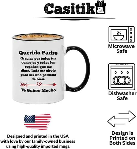 Vista 2 de Casitika Regalos para el día del padre. Taza de 11 oz para papa. Gracias por tus consejos Latino Dad taza.