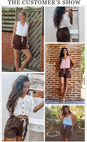 Vista 5 de Dokotoo Pantalones cortos casuales de lino y algodón con cordón elástico para mujer
