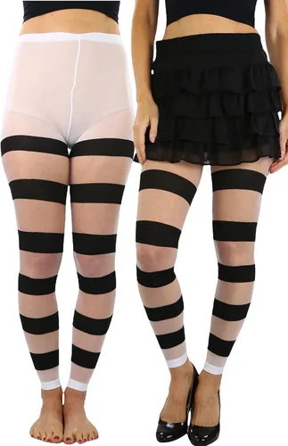 Vista 17 de ToBeInStyle Medias de contraste de rayas horizontales anchas para mujer, medias opacas Negro y rosa muñeca