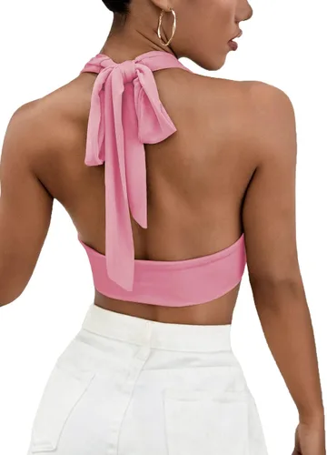 Vista 2 de Camiseta LYANER para mujer, con cuello en V ancho, estilo halter, con espalda al aire y sin mangas