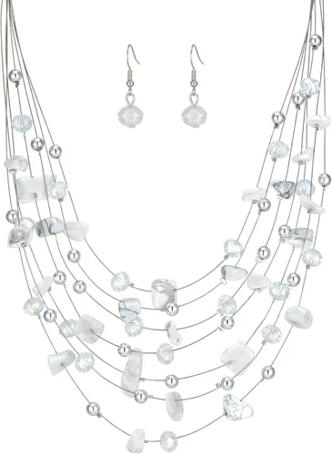 Vista 20 de Collar de cuentas de concha bohemia de varias capas para mujer, hebra de cristal colorida con cuentas plateadas, collares y aretes, disfraces