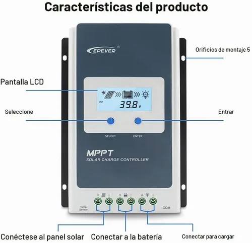 Vista 2 de EPEVER Controlador de carga solar 10A MPPT 12V/24V Auto Max.PV 100V Entrada Negativa Panel Solar Regulador de carga con MT50 Medidor remoto Sensor