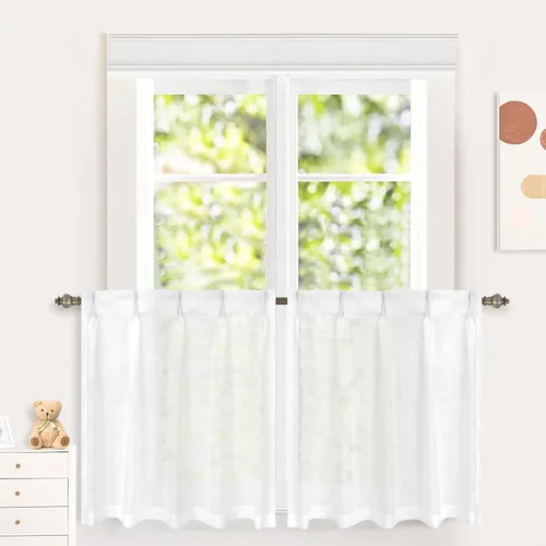 Vista 10 de DriftAway Cortinas plisadas de lino con textura corta de lino para ventana pequeña, baño, lavandería, 2 paneles con pestañas traseras, estilo Blanco