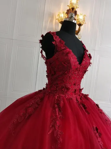 Vista 5 de Vestidos de quinceañera con cuello en V para mujer, vestido de baile de tul brillante 3D, apliques de flores dulces 15 16, vestidos de fiesta