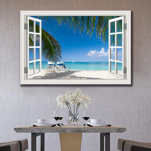Vista 5 de Cuadro de pared de playa tropical para sala de estar, lienzo estilo marco de ventana, decoración de pared, palmera, impresión artística costera